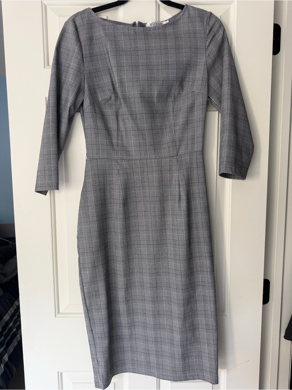 Gray Plaid Midi Dress - Tailored Professional Style